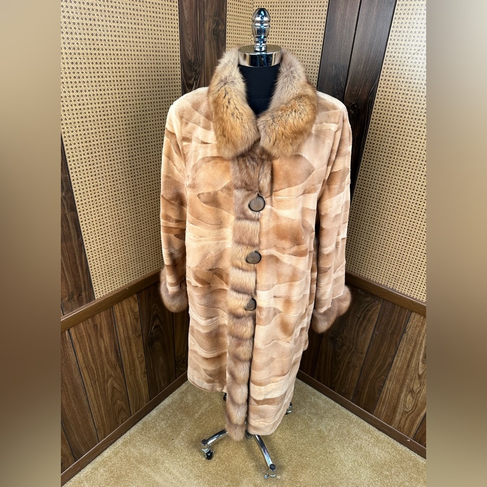 DENNIS BASSO BROWN SHEARED MINK & SABLE REVERSIBLE TAFFETA FUR COAT JACKET 14 XL